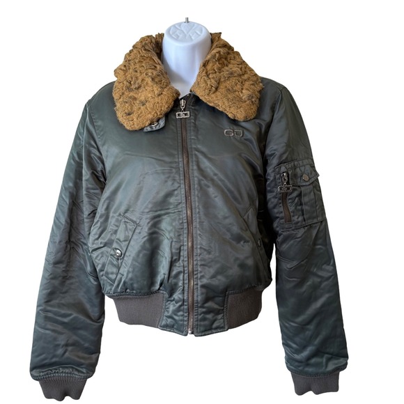 Guess Authentic Bomber Jacket Fur Collar Olive Green Retro Vintage Women Medium - Picture 1 of 15
